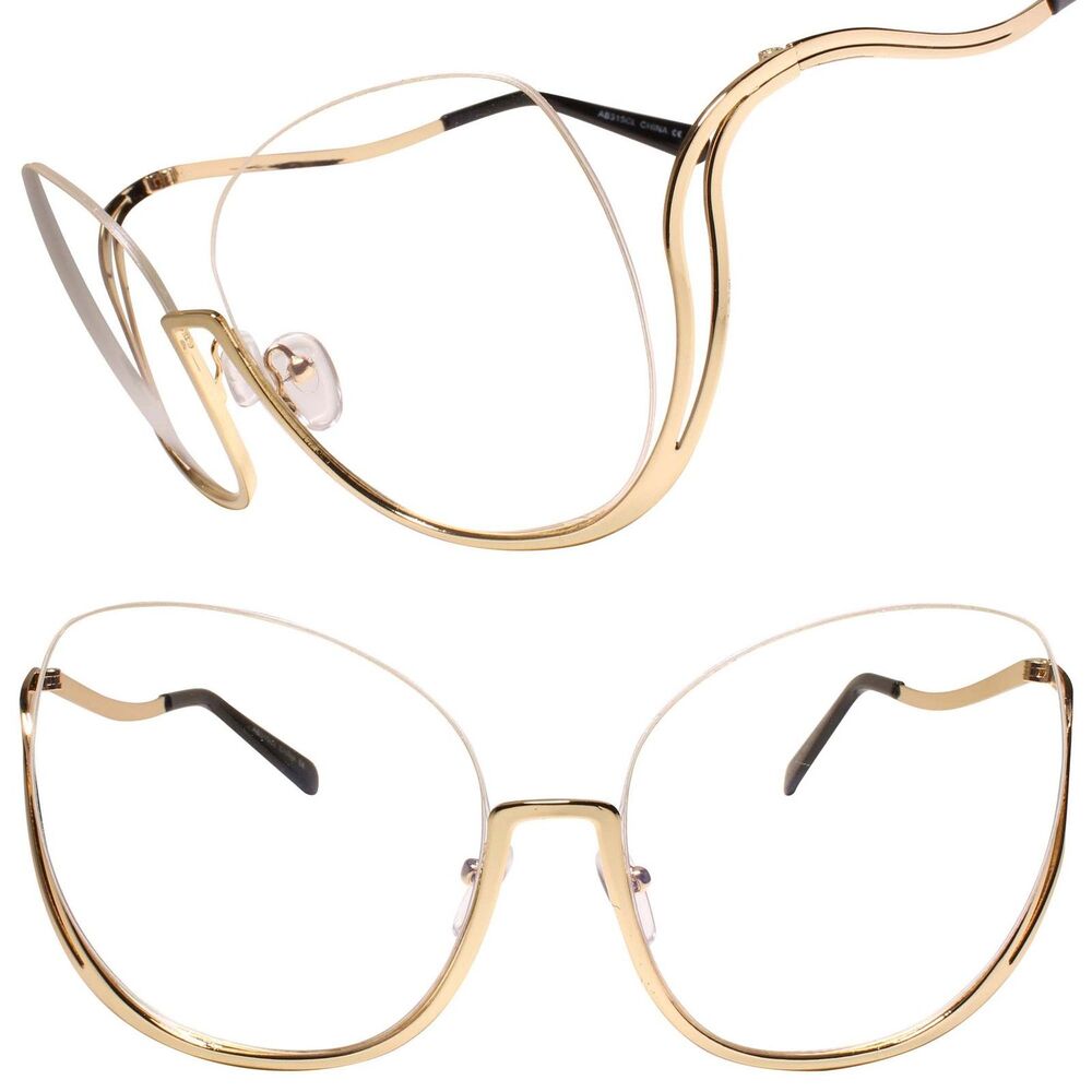 Gorgeous Elegant Fancy Upscale Oversized Semi Rimless Gold Cat Eye Eye Glasses